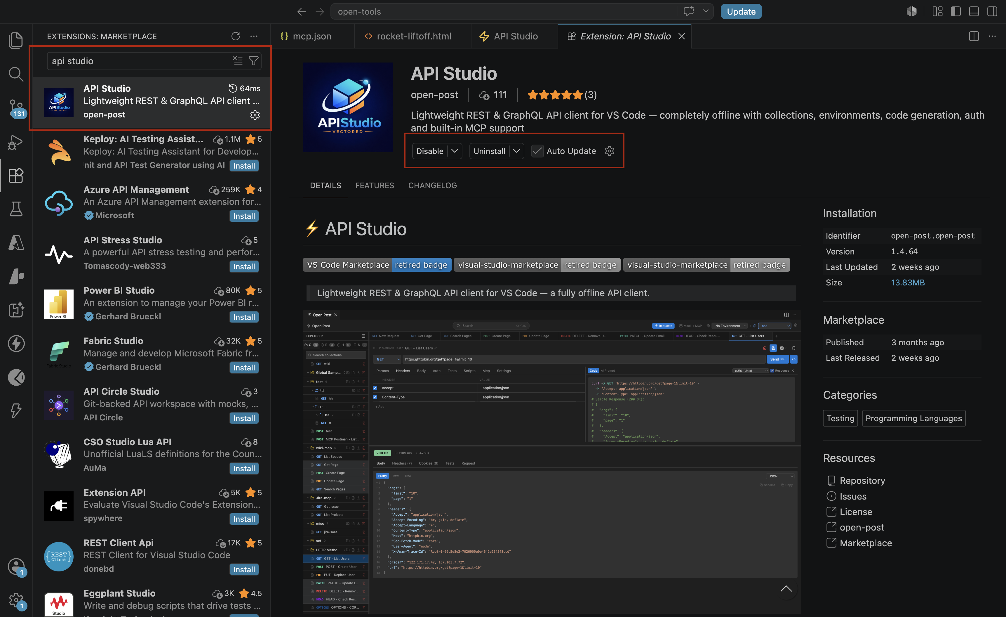 VS Code marketplace showing API Studio search results and install button